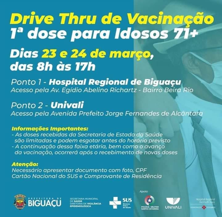Biguaçu começa a vacinar idosos maiores de 71 anos nos dias 23 e 24 de março