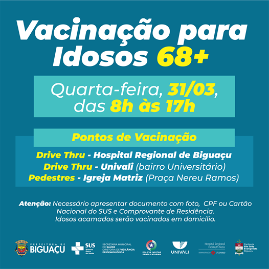 HOJE (quarta-feira, 31) é dia de vacinar os idosos com idade igual ou superior a 68 anos 👵👴.