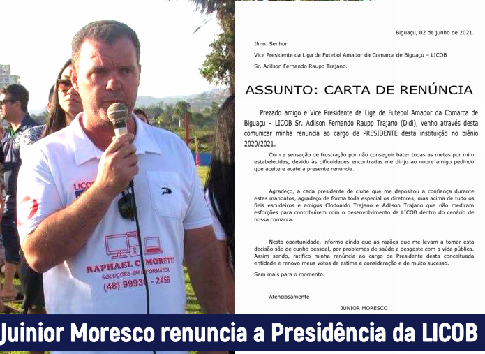 JUNIOR MORESCO RENUNCIA A PRESIDÊNCIA DA LICOB