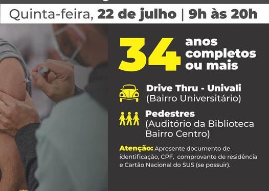 Biguaçu vacina pessoas com idade a partir de 34 anos