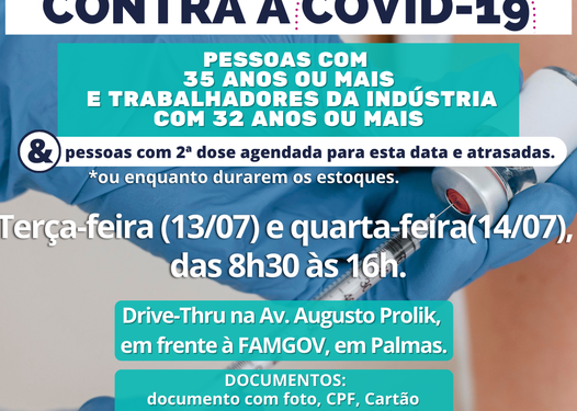 Vacinação solidária contra o Covid-19 em sistema drive thur para pessoas com 35 anos de idade ou mais e trabalhadores da indústria com 32 anos ou mais
