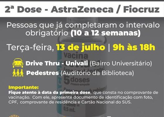 Biguaçu aplica segunda dose das vacinas AstraZeneca e Coronavac nesta semana