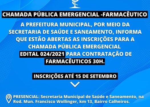 Prefeitura abre chamada pública emergencial para contratação de farmacêuticos para Saúde 