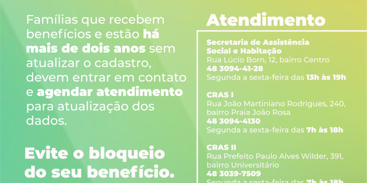 Secretaria Municipal de Assistência Social e Habitação alerta famílias sobre a importância de atualizar dados do Cadastro Único periodicamente