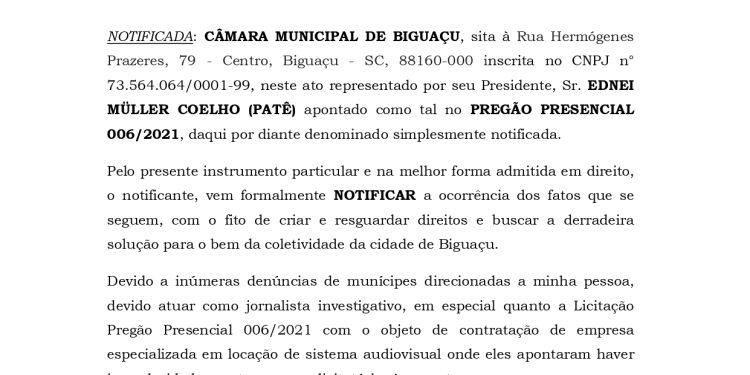 Imprensa protocola NOTIFICAÇÃO EXTRAJUDICIAL na Câmara de Vereadores